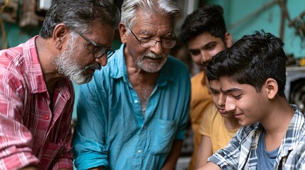 Obraz premium A group of men gathered closely around a device focused on examining or repairing something together