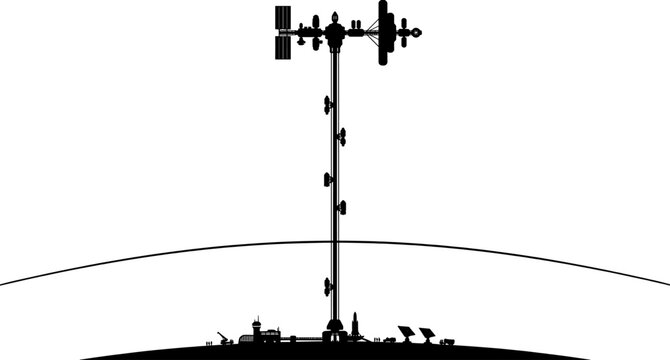 Space elevator tower silhouette extending from ground launchpad base to orbital station platform