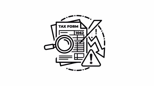 Tax audit and financial inspection concept featuring a tax form with a magnifying glass and warning symbol in line art style