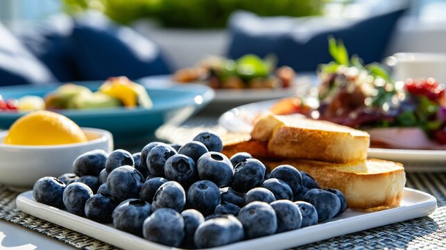 A luxury rooftop brunch composition featuring blueberries arranged beside elegant breakfast dishes beneath bright summer sunlight