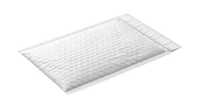 White bubble mailer envelope for shipping, padded courier bag with adhesive seal, protective poly mailer for ecommerce packaging and logistics