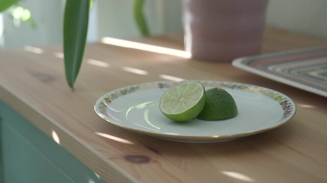 A halved lime sits on a gold-rimmed white plate atop a light wood countertop, with a green leaf, a mauve cup, and a patterned plate blurred softly in the sunlit background.