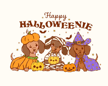 Dachshund Halloween Happy Halloweenie Dog Cartoon with Mummy Wiener Dog, Pumpkin Sausage Dog, Doxie Witch Hand Drawn Illustration
