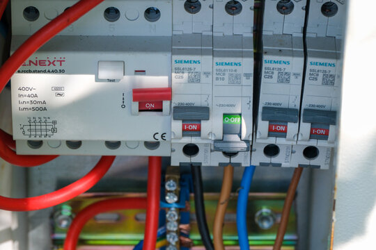 Electrical distribution panel with Siemens circuit breakers and wiring