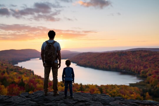 Father and son hiking at sunset in autumn nature landscape with a serene forest