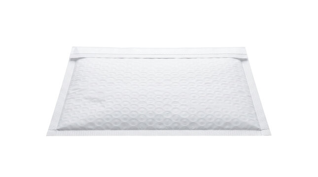 White padded bubble mailer envelope, protective shipping bag for ecommerce delivery, clean paper mailing pouch isolated on white background