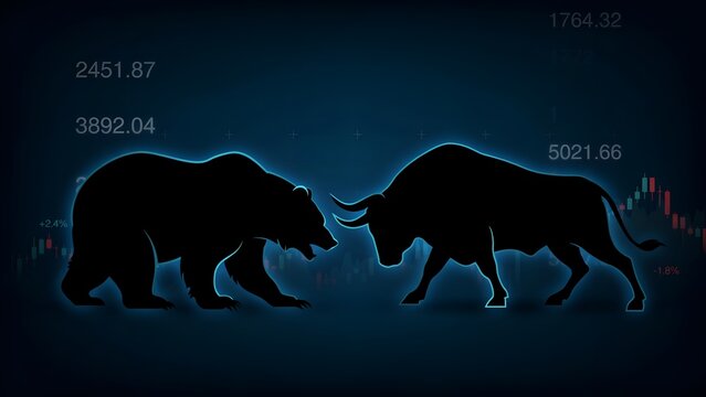 Bull and bear silhouettes facing each other on a digital financial stock market background with trading charts and data