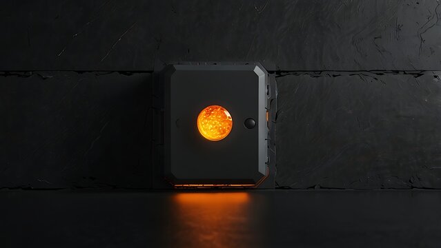 Futuristic Black Electronic Wall Panel With Glowing Orange Circular Center Light Element Against Dark Textured Stone Surface For Sci Fi Technology And Industrial Design Concepts