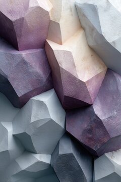 Faceted wall with large polygons showing pale stone gray and lavender tint in a full-frame abstraction with diffused light revealing surface details