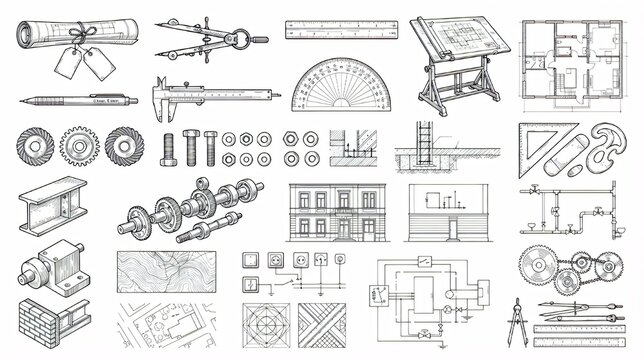 Hand draw engineering and architectural design elements set, blueprints, tools, gears, and vector illustration