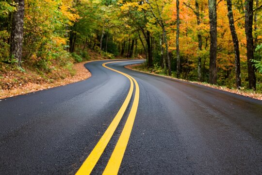 Road winding through a scenic forest with vibrant autumn foliage and asphalt path