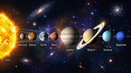 Naklejka premium Planetary alignment of solar system planets in deep space with astronomy