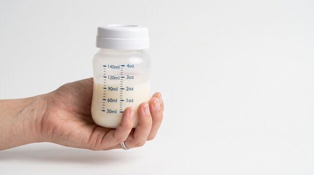 Close-up of a mother's hand holding a baby bottle filled with expressed breast milk on a white background