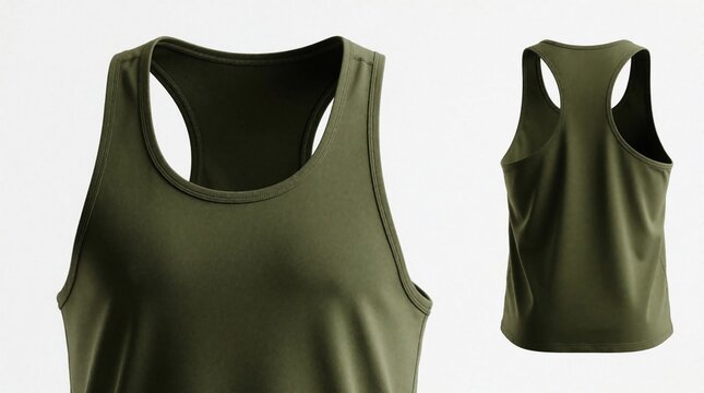 Olive green racerback tank top shown front and back views. Simple athletic sleeveless shirt apparel ideal for workout or casual wear. Soft cotton fabric.