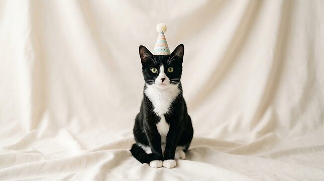 Black and white tuxedo cat wearing a tiny pastel party hat sitting against neutral fabric backdrop with draped neutral background wearing small colorful
