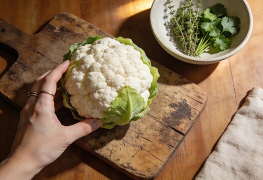 Hand touching fresh organic cauliflower on a rustic wooden board in sunny kitchen