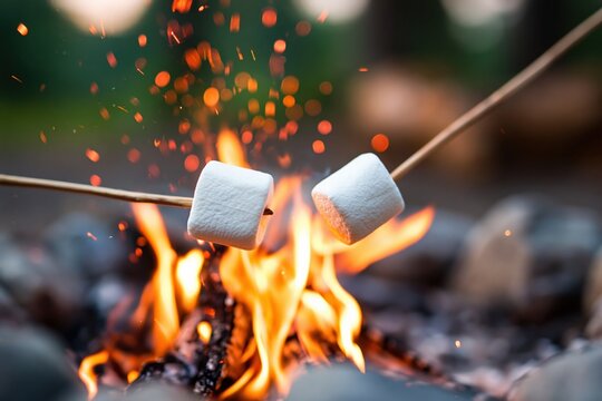 Marshmallow roasting over a campfire flame as a sweet summer snack at night outdoors