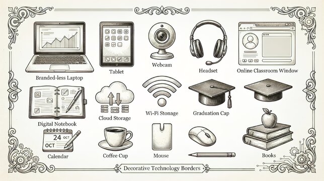 Hand draw e-learning and online education elements set, laptop, tablet, graduation cap, and vector illustration