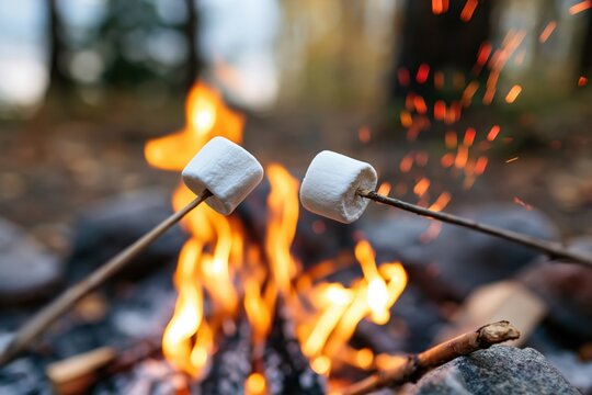 Marshmallow roasting over a campfire with wooden sticks at night in the outdoors