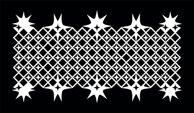 Geometric abstract pattern panel vector with starry grid mesh and sharp decorative borders on black background.