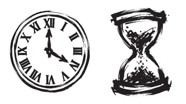 Brush stroke doodle style hand-drawn ink of a round wall clock with roman numerals and an hourglass with sand, representing the concept of time and duration