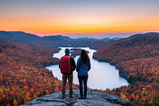 Hiker couple enjoying the autumn sunset view over a mountain lake in nature landscape