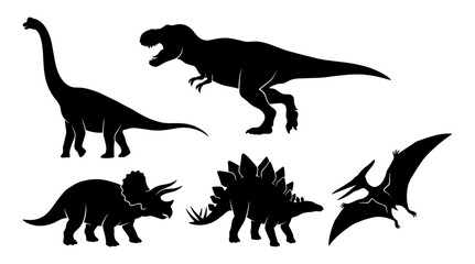 Dinosaurs Silhouette Illustration Set with Various Prehistoric Creatures Featuring Vector, Black, White with Background © MdRiaj