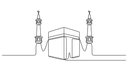 Kaaba with Two Minarets and Curved Lines Connecting Them in a Minimalist Design Featuring Minaret, Islamic, Mosque
