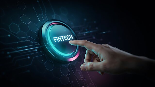 Finger pressing a glowing blue button labeled fintech on a dark digital interface with hexagonal circuit patterns