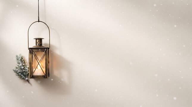 Scandinavian Minimal Christmas Background with Cozy Winter Lantern, Pine Branches and Copy Space