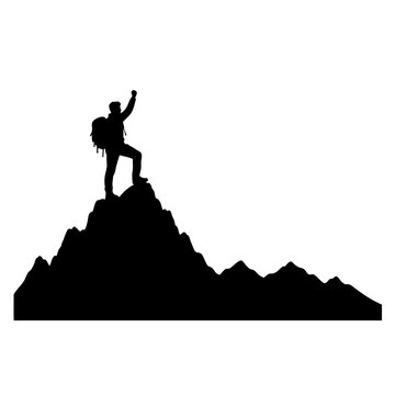 Hiker Standing on Mountain Peak in Victory Pose Silhouette Vector Isolated on White Background