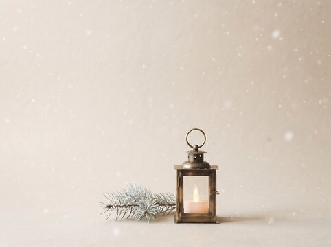 Scandinavian Minimal Christmas Background with Cozy Winter Lantern, Pine Branches and Copy Space