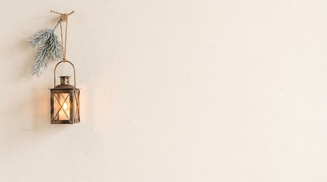 Scandinavian Minimal Christmas Background with Cozy Winter Lantern, Pine Branches and Copy Space