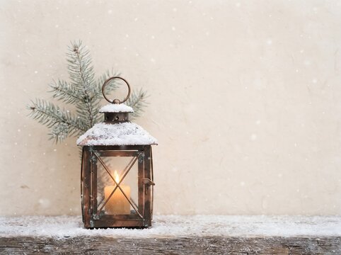 Scandinavian Minimal Christmas Background with Cozy Winter Lantern, Pine Branches and Copy Space
