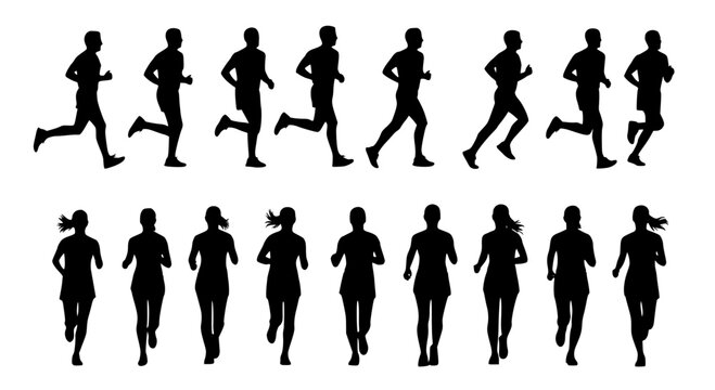 Running men and women, isolated vector silhouettes. Run, side and front view. Silhouettes of athletic looking male and female runners running. Transparent SVG version.