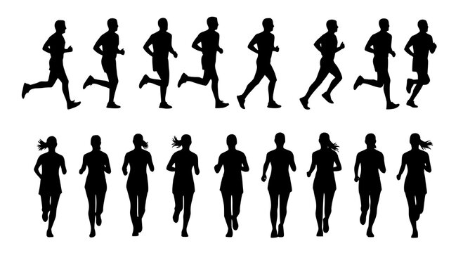 Running men and women, isolated vector silhouettes. Run, side and front view. Silhouettes of athletic looking male and female runners running. Transparent PNG version.