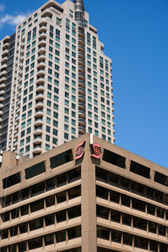 Toronto, Canada - June 23, 2026: Scotiabank building facade with modern high-rise apartments
