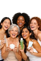 Obraz premium Diverse women showcasing skincare products.