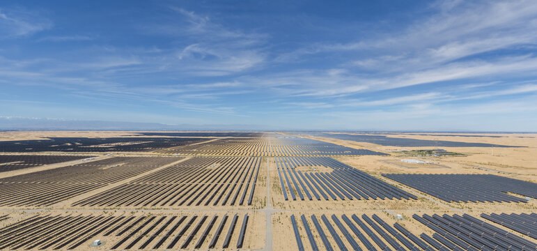 Aerial Panorama of Massive Desert Solar Photovoltaic Power Station for Sand Control