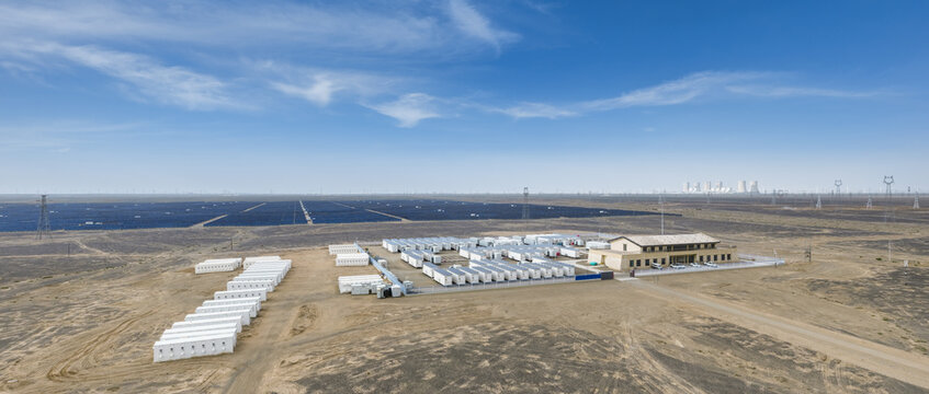 Aerial View of Energy Storage Station Under Construction in Desert Energy Base