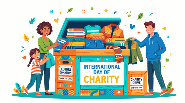A happy family, including a mother, father, and daughter, actively participates in a clothes donation drive for the International Day of Charity.