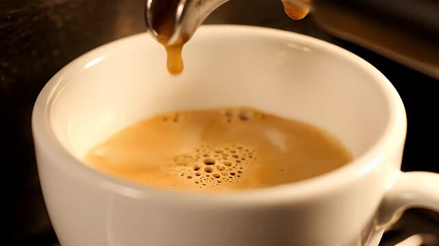 Espresso coffee pouring into a white ceramic cup with rich golden crema texture