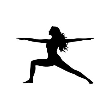Woman Warrior Yoga Pose Silhouette Vector Illustration Isolated on White Background, Female Fitness and Wellness Icon
