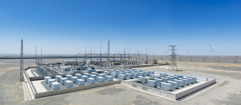 Close-up Aerial View of Energy  Storage Power Station and Substation in Gobi Desert