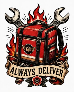 red toolbox with flames and wrenches in motivational industrial setting, frontal view, black and white, vivid colors, clean background, copyspace, modern design, resource for web, editorial.