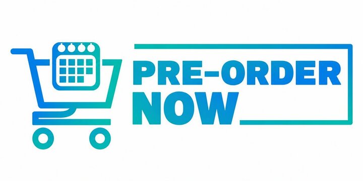 Shopping cart icon with pre-order now text in modern blue and teal design