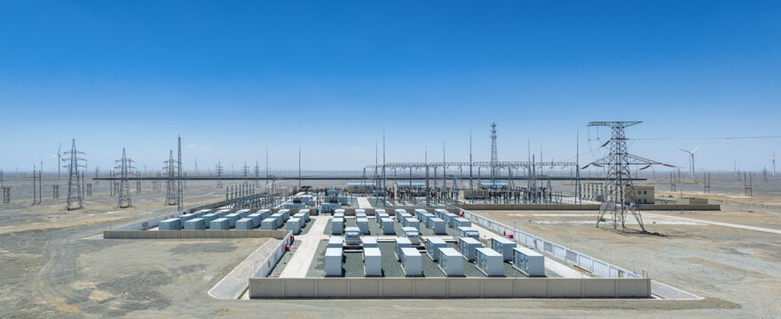 Close-up Aerial View of Energy Storage Power Station in Arid Desert Landscape