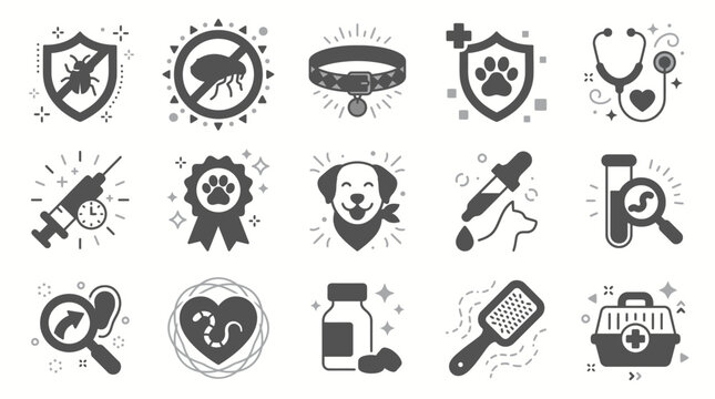 Vector set of pet care and veterinary health icons including parasite shield grooming collar stethoscope, illustrating animal healthcare service, symbolizing veterinary clinic graphic design