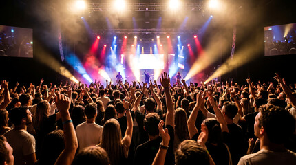 Fototapeta premium Crowd cheering with hands raised at vibrant concert stage lights Generative AI