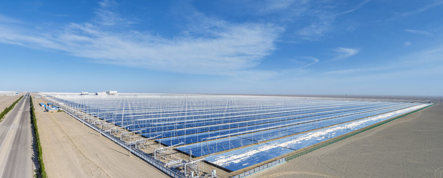 Aerial View of Linear Fresnel Solar Thermal Power Plant in Dunhuang Desert